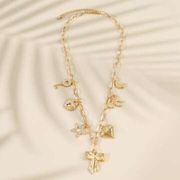 NEKOL Gold Bow Charm Necklace for Women 14K Gold Plated Pendant Necklace with Cute Dangle CZ Bowknot Love Heart Lock Key Moon Star Pendant Adjustable Chain Trendy Y2K Party Jewelry Gift for Women