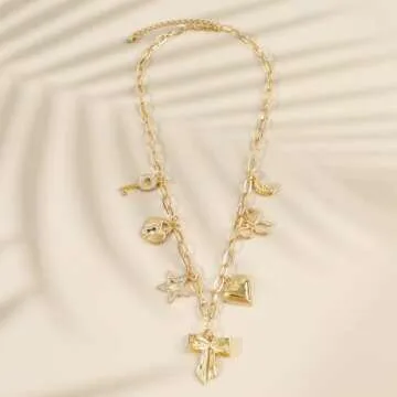 NEKOL Gold Bow Charm Necklace for Women 14K Gold Plated Pendant Necklace with Cute Dangle CZ Bowknot Love Heart Lock Key Moon Star Pendant Adjustable Chain Trendy Y2K Party Jewelry Gift for Women