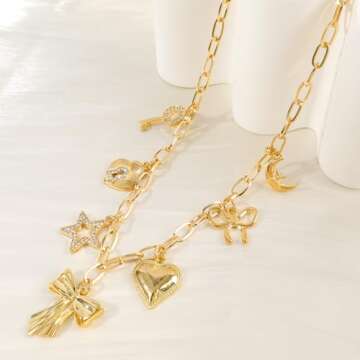 NEKOL Gold Bow Charm Necklace for Women 14K Gold Plated Pendant Necklace with Cute Dangle CZ Bowknot Love Heart Lock Key Moon Star Pendant Adjustable Chain Trendy Y2K Party Jewelry Gift for Women