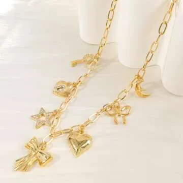 NEKOL Gold Bow Charm Necklace for Women 14K Gold Plated Pendant Necklace with Cute Dangle CZ Bowknot Love Heart Lock Key Moon Star Pendant Adjustable Chain Trendy Y2K Party Jewelry Gift for Women