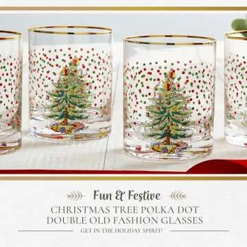 Spode Christmas Tree 14 Fl. Oz. Double Old Fashion Glass (Set of 4) - Festive Whiskey Glasses for En...
