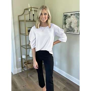 DEEP SELF Women's Round Neck Short Puff Sleeve Blouse Tops Business Casual White Tops for Women