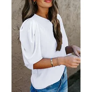 DEEP SELF Women's Round Neck Short Puff Sleeve Blouse Tops Business Casual White Tops for Women