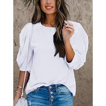 DEEP SELF Women's Round Neck Short Puff Sleeve Blouse Tops Business Casual White Tops for Women
