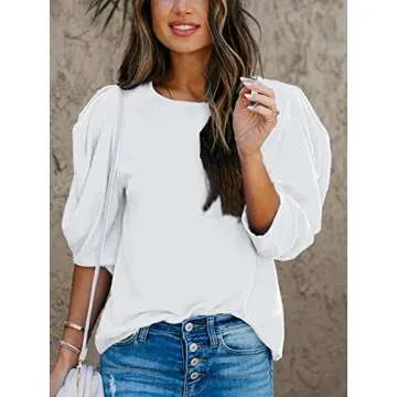 DEEP SELF Women's Round Neck Short Puff Sleeve Blouse Tops Business Casual White Tops for Women