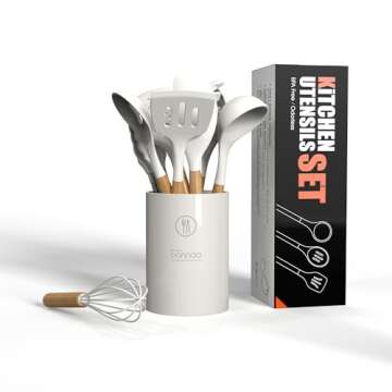 Silicone Cooking Utensils Set - 446°F Heat Resistant Silicone Kitchen Utensils for Cooking,Kitchen Utensil Spatula Set w Wooden Handles and Holder for Non-Stick Cookware (Cream White)