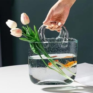 Glass Vase with Elegant Purse Design, Hand Purse vase with Fish Bowl, Unique Flower Vase with Handle...