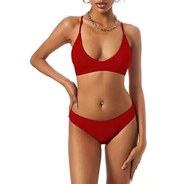ZAFUL Women's Tie Back Padded High Cut Bralette Bikini Set Two Piece Swimsuit (1-Red, M)
