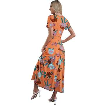 AUSELILY Maxi Dresses for Women Ankle Length Floral Print Beach Long Flowy Dress with Pockets Orange...