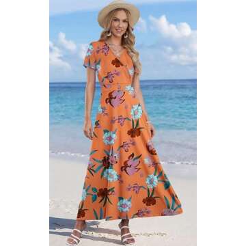 AUSELILY Maxi Dresses for Women Ankle Length Floral Print Beach Long Flowy Dress with Pockets Orange Pink Flower L