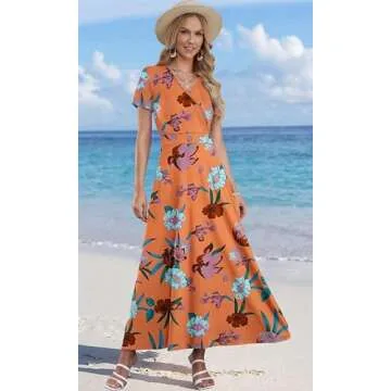 AUSELILY Maxi Dresses for Women Ankle Length Floral Print Beach Long Flowy Dress with Pockets Orange Pink Flower L
