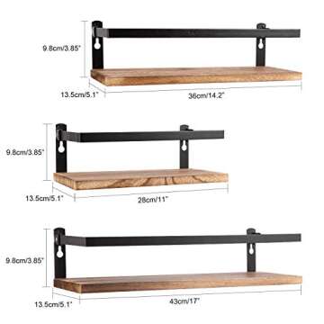 PHUNAYA Floating Shelves Rustic Wood Wall Mounted Shelf Practical Metal Fence Design Ideal for Bedroom, Bathroom, Kitchen Set of 3(Carbonized Black)