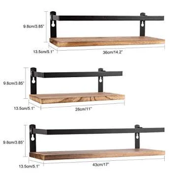 PHUNAYA Floating Shelves Rustic Wood Wall Mounted Shelf Practical Metal Fence Design Ideal for Bedroom, Bathroom, Kitchen Set of 3(Carbonized Black)
