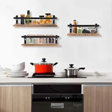 PHUNAYA Floating Shelves Rustic Wood Wall Mounted Shelf Practical Metal Fence Design Ideal for Bedroom, Bathroom, Kitchen Set of 3(Carbonized Black)