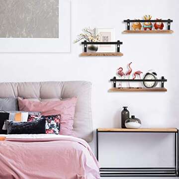 PHUNAYA Floating Shelves Rustic Wood Wall Mounted Shelf Practical Metal Fence Design Ideal for Bedroom, Bathroom, Kitchen Set of 3(Carbonized Black)