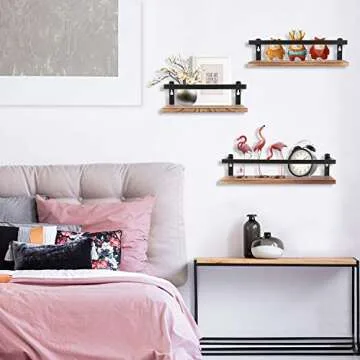 PHUNAYA Floating Shelves Rustic Wood Wall Mounted Shelf Practical Metal Fence Design Ideal for Bedroom, Bathroom, Kitchen Set of 3(Carbonized Black)
