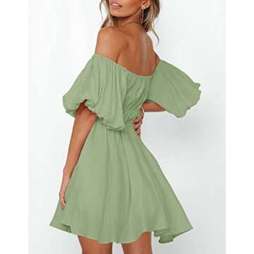 SYZRI Women's Summer Puff Sleeve Off Shoulder Mini Dress Ruffled A Line Flowy Swing Beach Dress with Pockets, LightGreen, Small