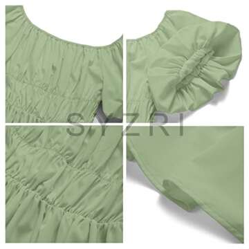 SYZRI Women's Summer Puff Sleeve Off Shoulder Mini Dress Ruffled A Line Flowy Swing Beach Dress with Pockets, LightGreen, Small