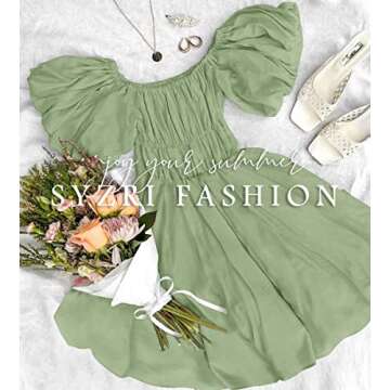 SYZRI Women's Summer Puff Sleeve Off Shoulder Mini Dress Ruffled A Line Flowy Swing Beach Dress with Pockets, LightGreen, Small