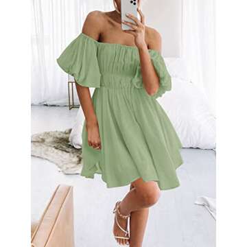 SYZRI Women's Summer Puff Sleeve Off Shoulder Mini Dress Ruffled A Line Flowy Swing Beach Dress with Pockets, LightGreen, Small