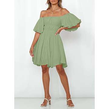 SYZRI Women's Summer Puff Sleeve Off Shoulder Mini Dress Ruffled A Line Flowy Swing Beach Dress with Pockets, LightGreen, Small