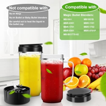 2 Pack Magic Bullet Blender Cups, Tall 22oz Cups Mugs Flip Top To-Go Lids & 4 Fins Cross Blade with Gasket Handle Replacement Part Compatible Magic Bullet Blender Juicer Mixer Accessories 250W MB1001