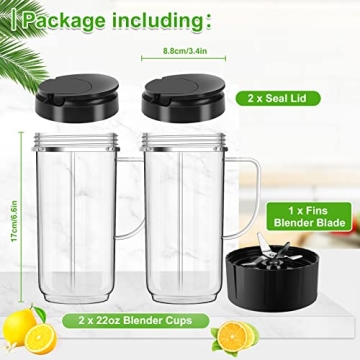 2 Pack Magic Bullet Blender Cups, Tall 22oz Cups Mugs Flip Top To-Go Lids & 4 Fins Cross Blade with Gasket Handle Replacement Part Compatible Magic Bullet Blender Juicer Mixer Accessories 250W MB1001