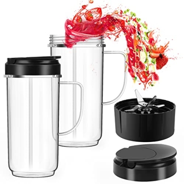 2 Pack Magic Bullet Blender Cups, Tall 22oz Cups Mugs Flip Top To-Go Lids & 4 Fins Cross Blade with Gasket Handle Replacement Part Compatible Magic Bullet Blender Juicer Mixer Accessories 250W MB1001