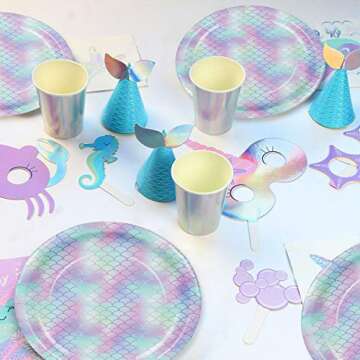 Mermaid Ocean Party Supplies Pack Serving 16 Guests, Including Dinner Plates, Luncheon Napkins and Cups Supply Tableware Set Kit for Under the Sea Theme Baby Shower Birthday Party Decorations Favors
