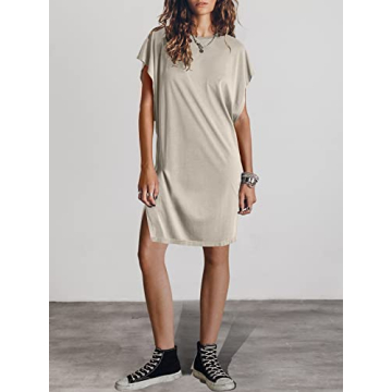 ANRABESS Women’s Summer Short Sleeve T-Shirt Dress Casual Loose Oversized Slit Mini Tee Dress Beach Cover Up Tunic 2024 Fashion Cute Boyfriend Tops Light Gray Large