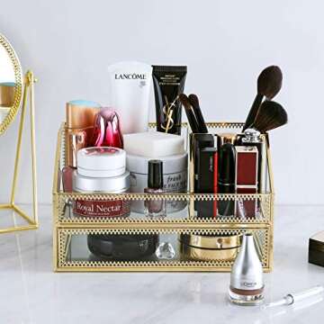 QL DESIGN Makeup Organizer, Cosmetic and Jewelry Display Boxes with Drawers （gold）