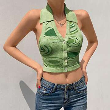 Aopwsrlyi Women Fashion Halter Vest Sexy Girls Y2K Striped Knitted Vest Slim Fit Streetwear Top (Green,M)