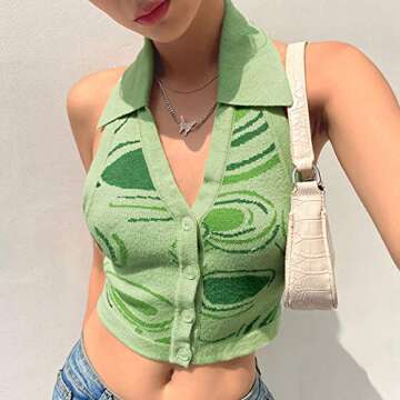 Aopwsrlyi Women Fashion Halter Vest Sexy Girls Y2K Striped Knitted Vest Slim Fit Streetwear Top (Green,M)