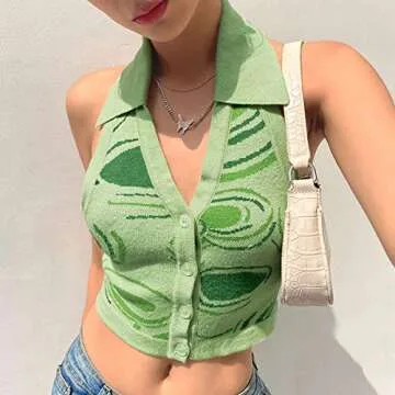 Aopwsrlyi Women Fashion Halter Vest Sexy Girls Y2K Striped Knitted Vest Slim Fit Streetwear Top (Green,M)