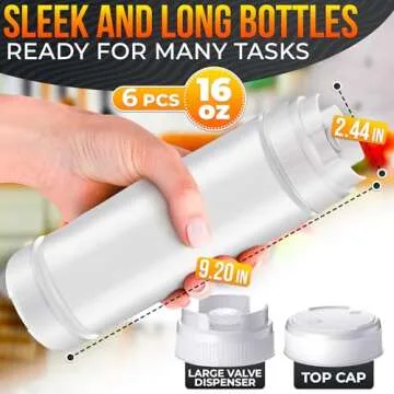 Set of 6 Condiment Squeeze Bottles for Sauces 16 oz – Self-Closing Valve, Leak-Proof, Easy-to-Fill...