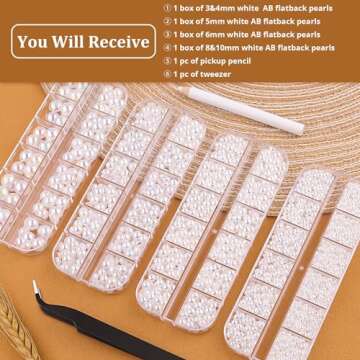 4 Boxes Flat Back AB Pearls Kit 1 Flatback WhiteAB Half Round Pearls 3-10mm with Pickup Pencil and T...