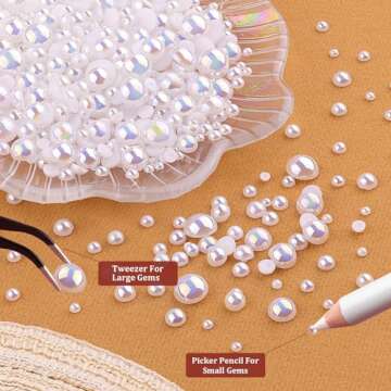 4 Boxes Flat Back AB Pearls Kit 1 Flatback WhiteAB Half Round Pearls 3-10mm with Pickup Pencil and Tweezer for Home DIY and Professional Nail Art, Face Makeup and Craft