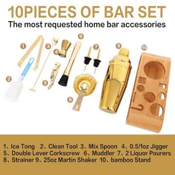 AUOXIOUYM 10-Pcs Martini Cocktail Shaker Set - Stunning Gold Finish Bartending Kit