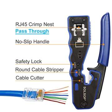 Solsop Network/Phone Cable Tester RJ45 Crimp Tool Pass Through Modular CAT6 Crimping Tool Kit, 50PCS CAT6 Pass Through Connectors, 50PCS RJ45 Boots, Mini Wire Stripper, Wire Cutter plier