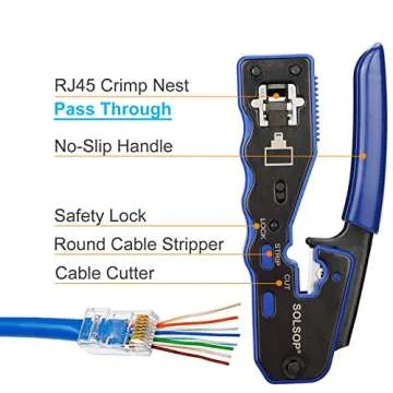 Solsop Network/Phone Cable Tester RJ45 Crimp Tool Pass Through Modular CAT6 Crimping Tool Kit, 50PCS CAT6 Pass Through Connectors, 50PCS RJ45 Boots, Mini Wire Stripper, Wire Cutter plier