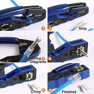 Solsop Network/Phone Cable Tester RJ45 Crimp Tool Pass Through Modular CAT6 Crimping Tool Kit, 50PCS CAT6 Pass Through Connectors, 50PCS RJ45 Boots, Mini Wire Stripper, Wire Cutter plier