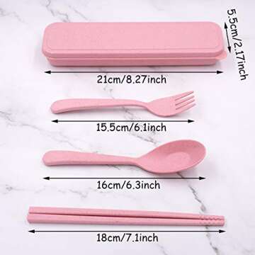 Honbay 3PCS Portable Cutlery Boreal Europe Style Healthy Eco-Friendly Wheat Straw Spoon Chopstick Fork Tableware set for Travel, Picnic, Camping or Just for Daily Use (Pink)