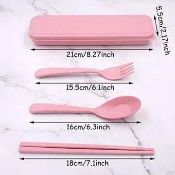 Honbay 3PCS Portable Cutlery Boreal Europe Style Healthy Eco-Friendly Wheat Straw Spoon Chopstick Fork Tableware set for Travel, Picnic, Camping or Just for Daily Use (Pink)