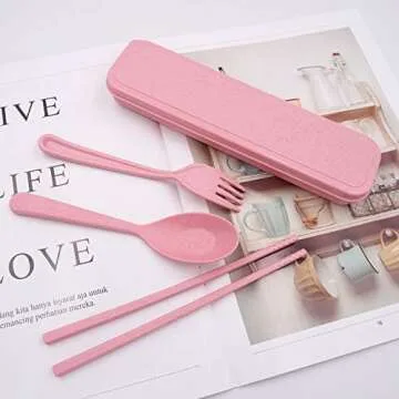 Honbay 3PCS Portable Cutlery Boreal Europe Style Healthy Eco-Friendly Wheat Straw Spoon Chopstick Fork Tableware set for Travel, Picnic, Camping or Just for Daily Use (Pink)
