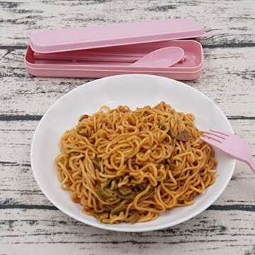 Honbay 3PCS Portable Cutlery Boreal Europe Style Healthy Eco-Friendly Wheat Straw Spoon Chopstick Fork Tableware set for Travel, Picnic, Camping or Just for Daily Use (Pink)