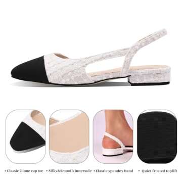 Adrizzlein Womens Slingback Flat Pumps Closed Round Toe Two Toned Casual Office Shoes White Knit Siz...