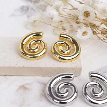 Jeanbeau Chunky Gold Spiral Swirl Shell Stud Earrings for Women, Trendy Statement Ocean Conch Seashell Beach Lightweight Summer Earing Prom Fashion Jewelry Gift