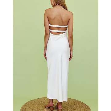 Realtix Summer Satin Backless Twist Knot Strapless Maxi Dress for Women Cowl Back Hollow Out Sexy Tube Dresses Wedding Guest