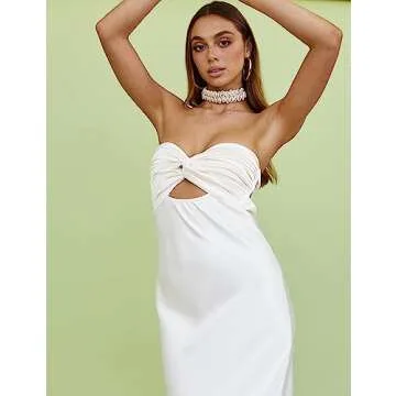 Realtix Summer Satin Backless Twist Knot Strapless Maxi Dress for Women Cowl Back Hollow Out Sexy Tube Dresses Wedding Guest