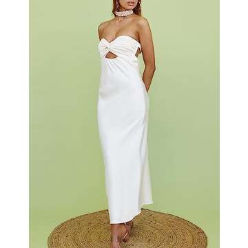 Realtix Summer Satin Backless Twist Knot Strapless Maxi Dress for Women Cowl Back Hollow Out Sexy Tube Dresses Wedding Guest